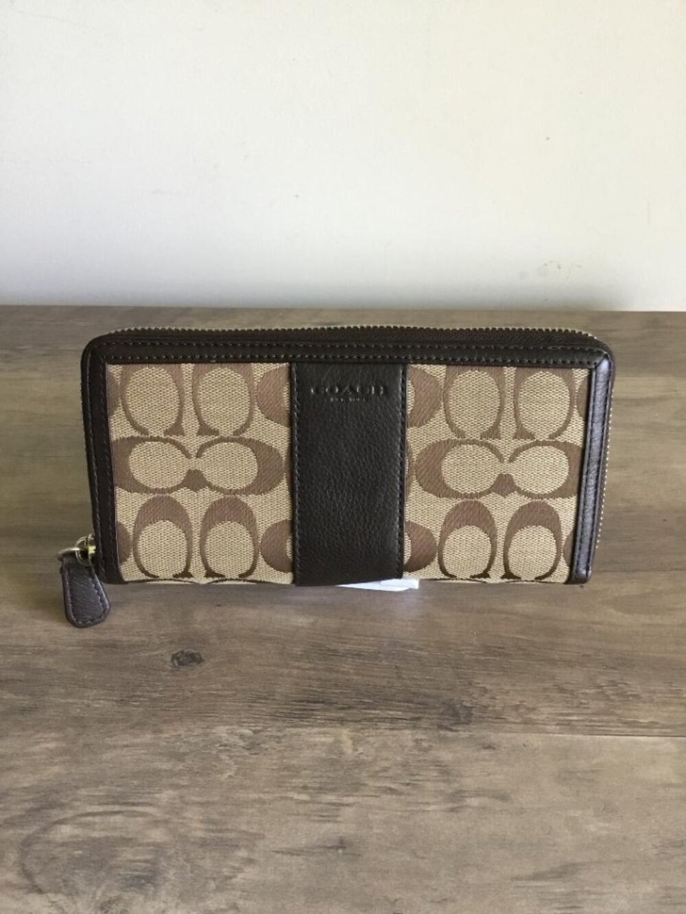Coach Brown Accordion Large Zip Wallet Signature Monogram Canvas w/Leather Trim